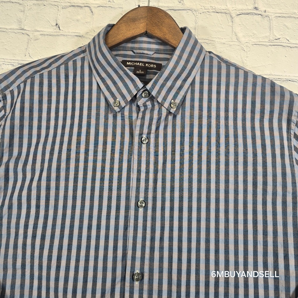 Michael Kors Mens Slim Fit Gingham Button Down Shirt Blue Grey CS04CK87VC Large - Picture 10 of 12